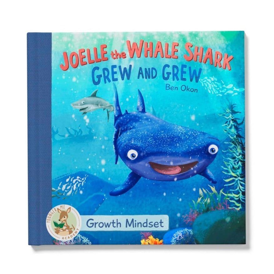 Children's book titled "Joelle the Whale Shark Grew and Grew," with a blue cover featuring a cartoon whale shark underwater.